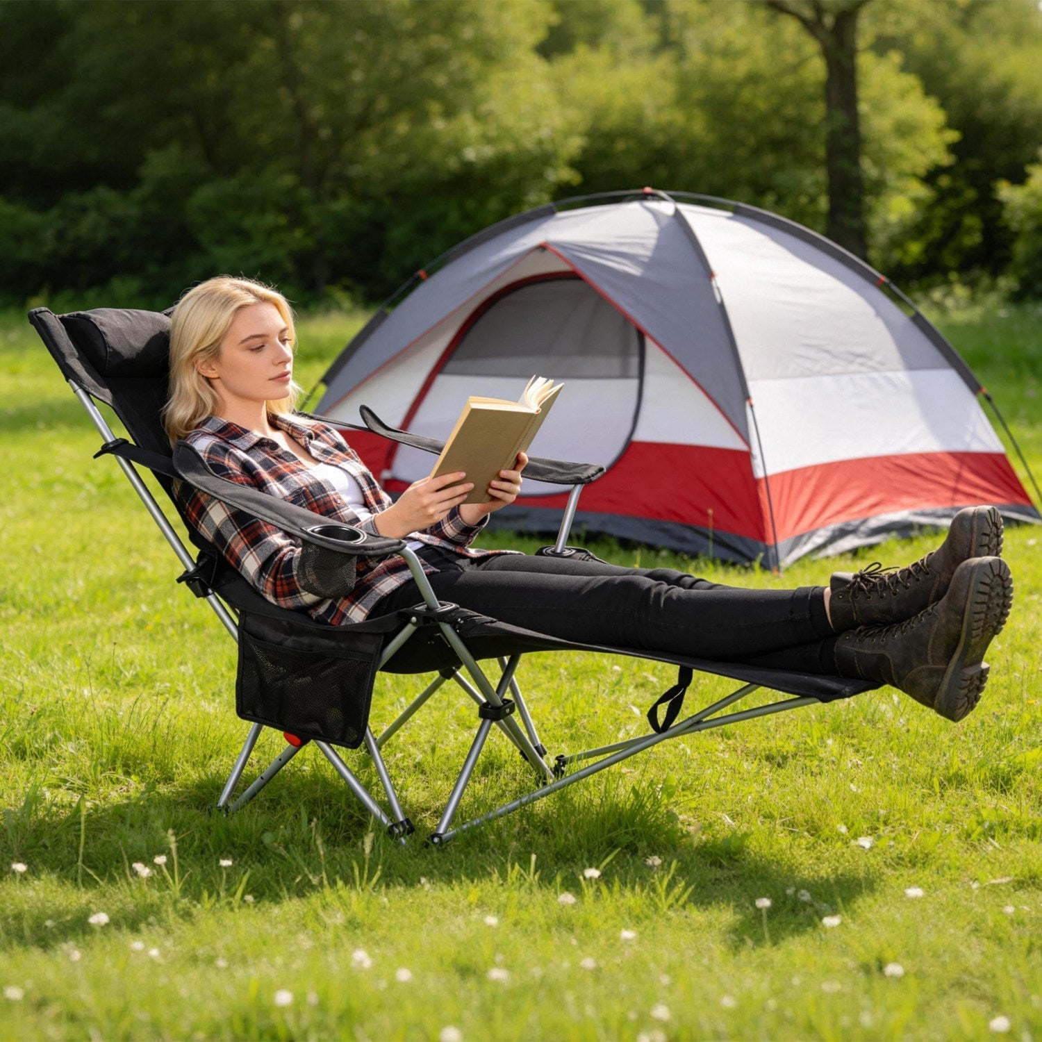 Reclining Camping Chair with Footrest Adjustable Folding Outdoor Lounge Chair