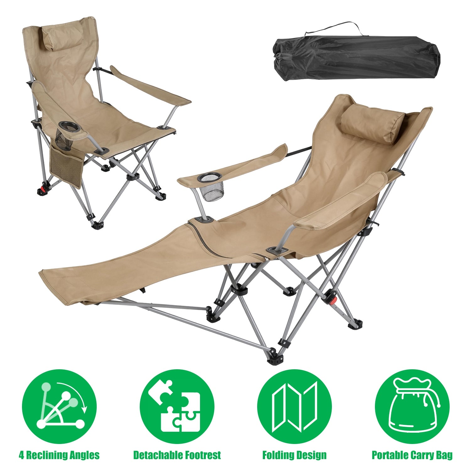 Reclining Camping Chair with Footrest Adjustable Folding Outdoor Lounge Chair