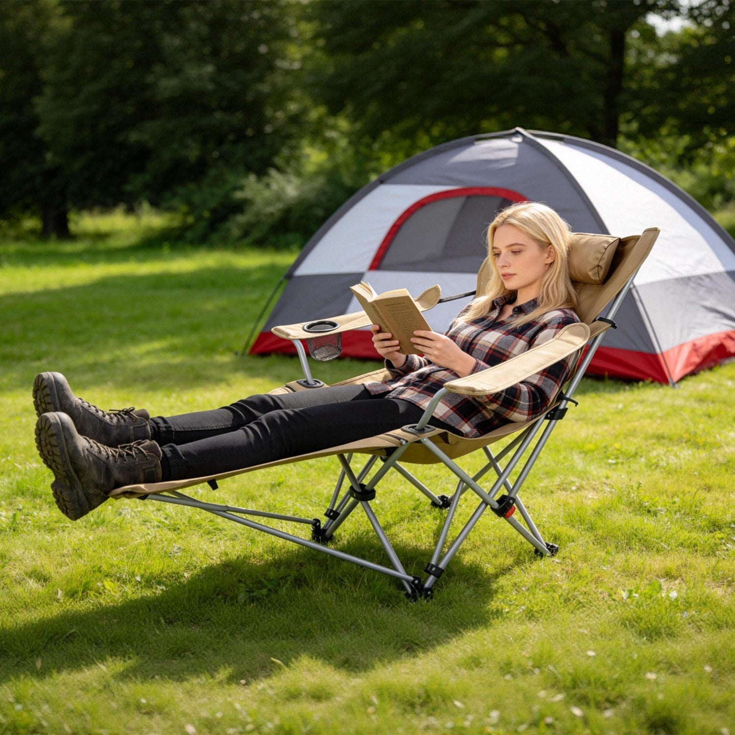 Reclining Camping Chair with Footrest Adjustable Folding Outdoor Lounge Chair
