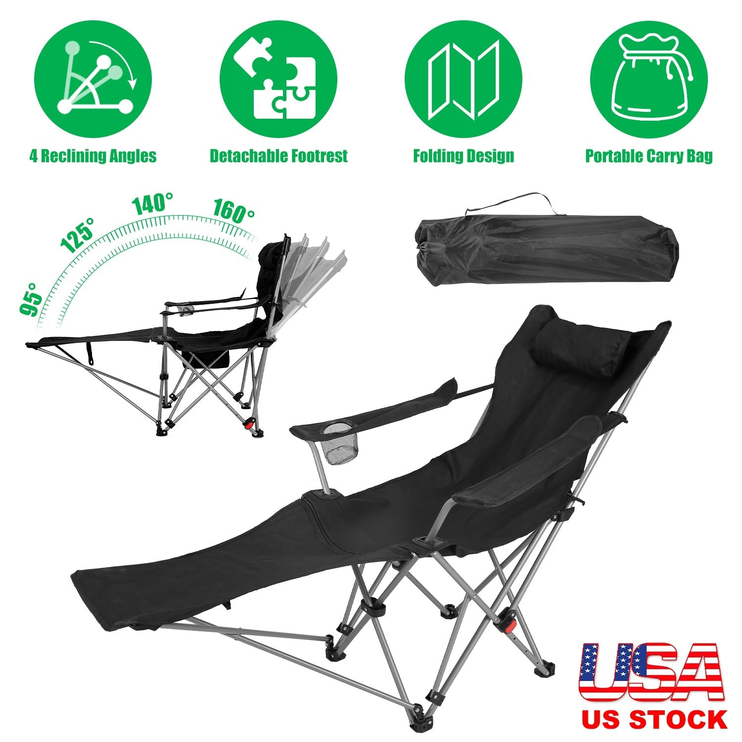 Reclining Camping Chair with Footrest Adjustable Folding Outdoor Lounge Chair