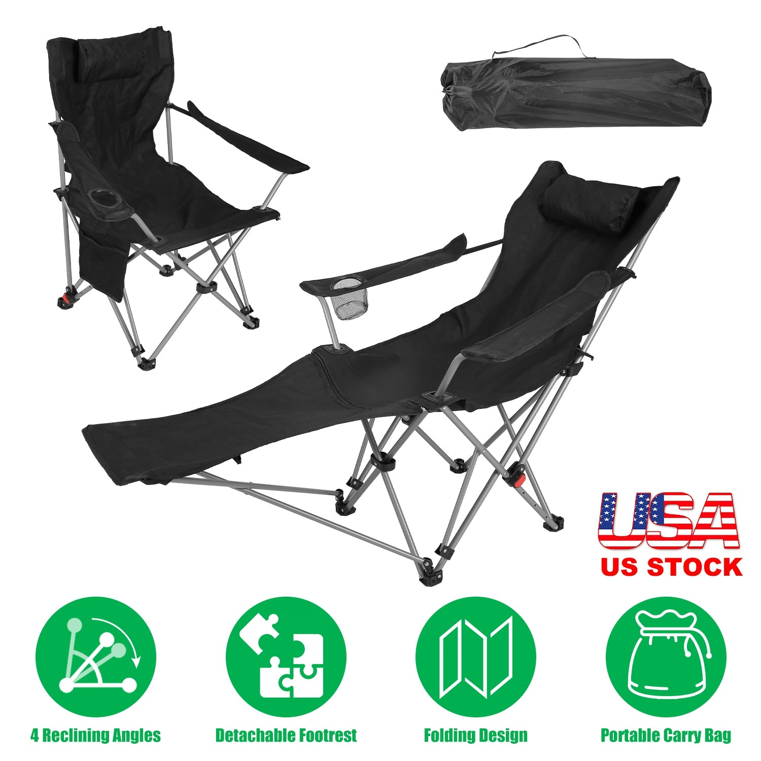Reclining Camping Chair with Footrest Adjustable Folding Outdoor Lounge Chair