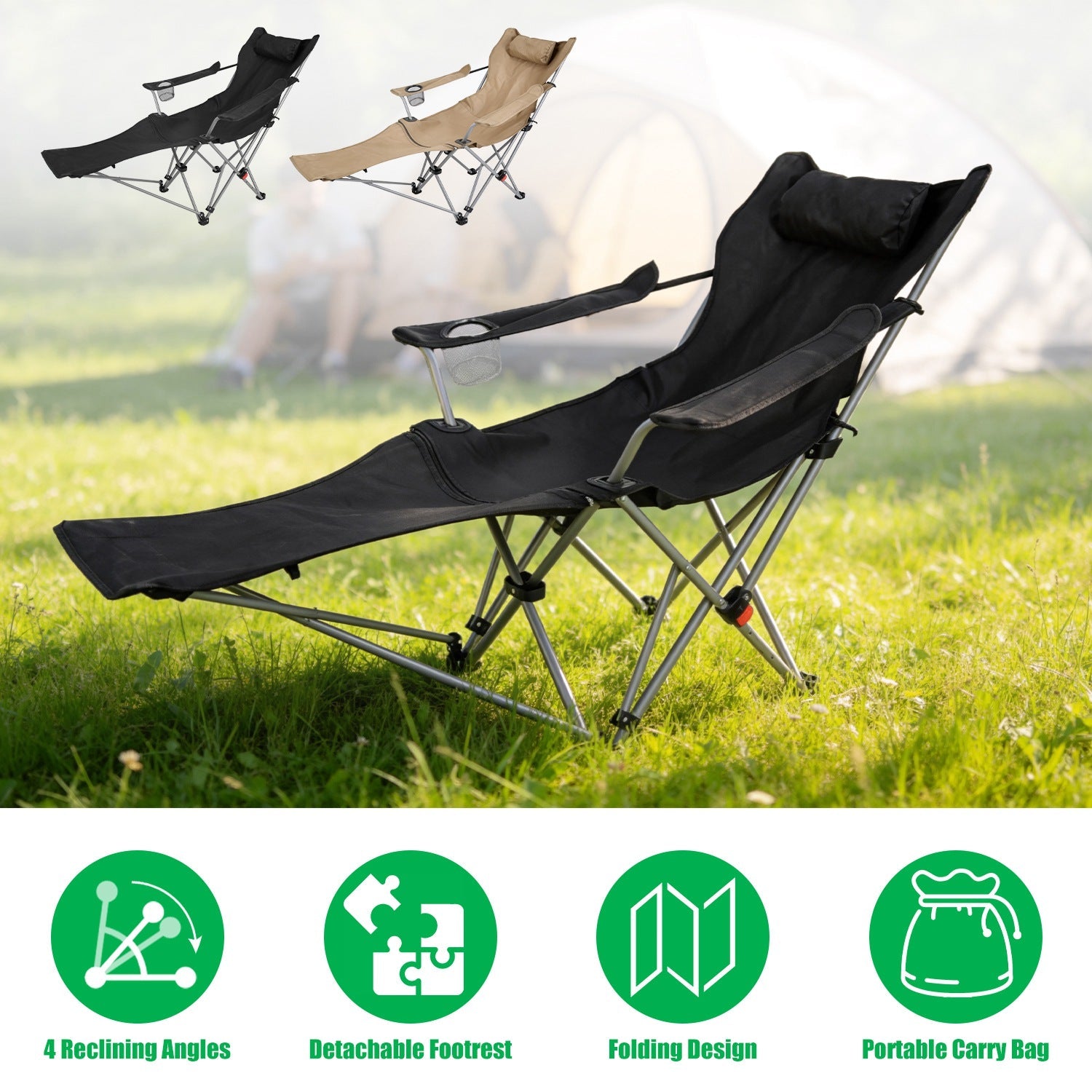 Reclining Camping Chair with Footrest Adjustable Folding Outdoor Lounge Chair
