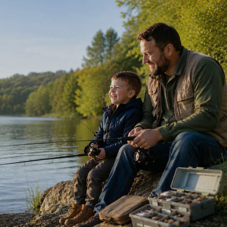 Man and child fishing by a lake with trees in the background