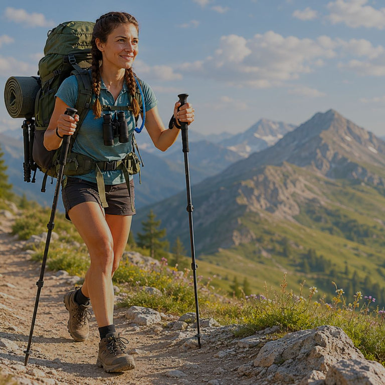 Woman hiking with a backpack and poles on a mountain trail