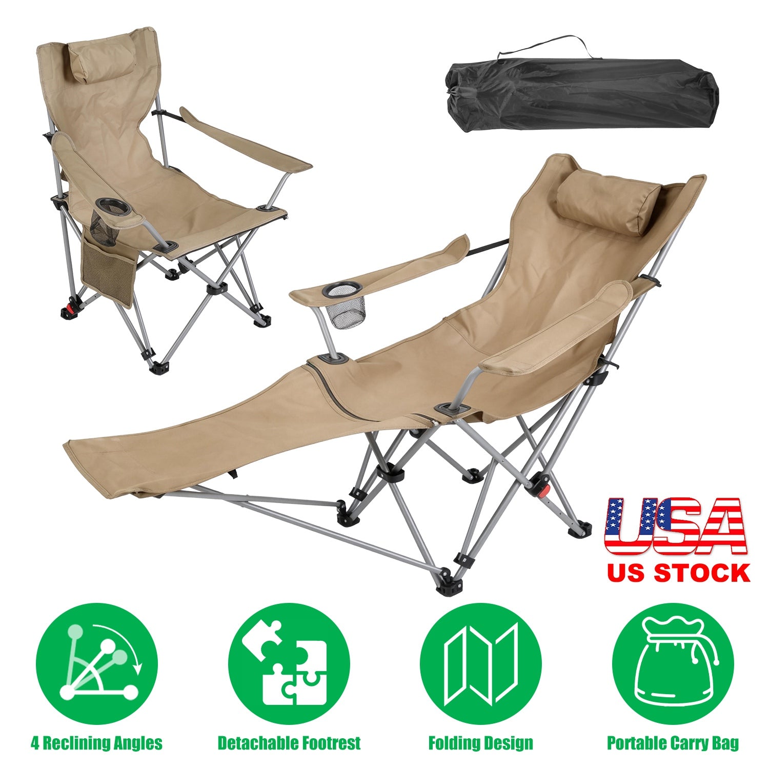 Reclining Camping Chair with Footrest Adjustable Folding Outdoor Lounge Chair