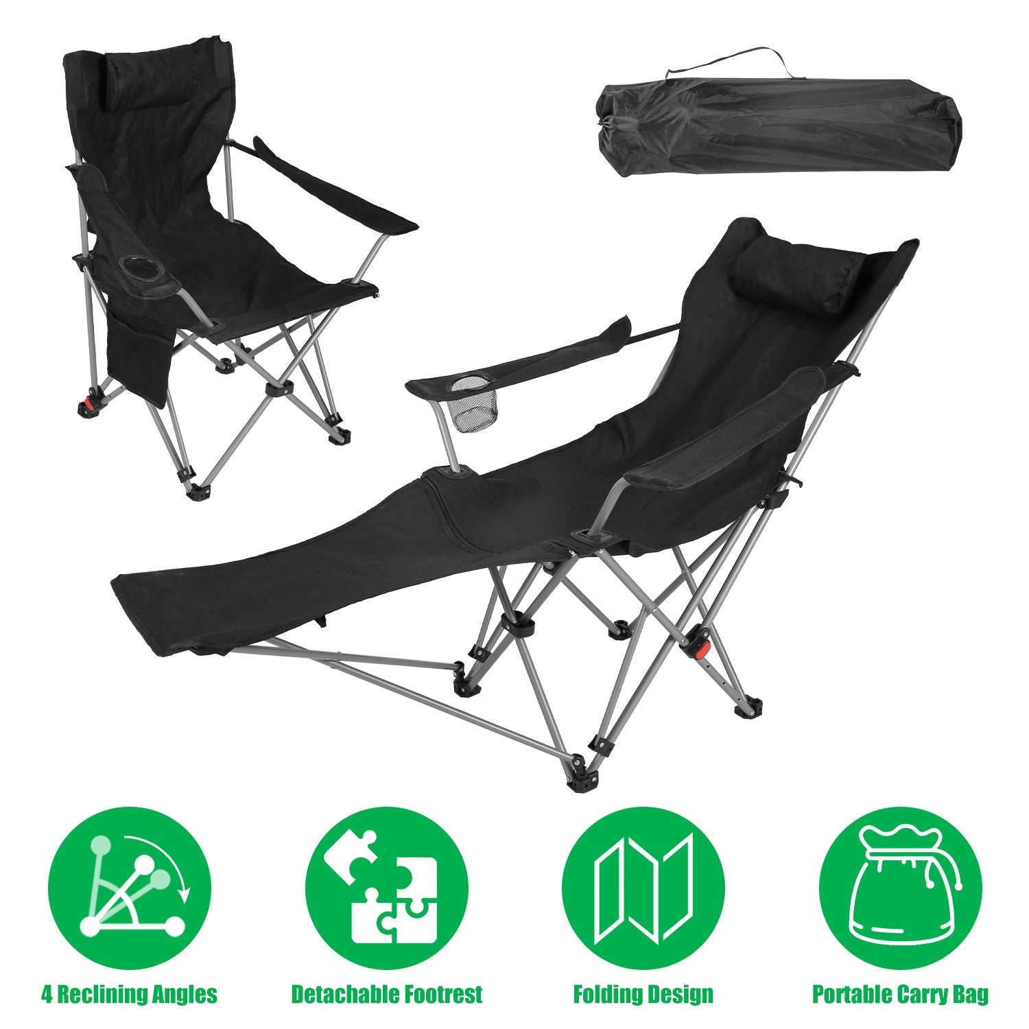 Reclining Camping Chair with Footrest Adjustable Folding Outdoor Lounge Chair