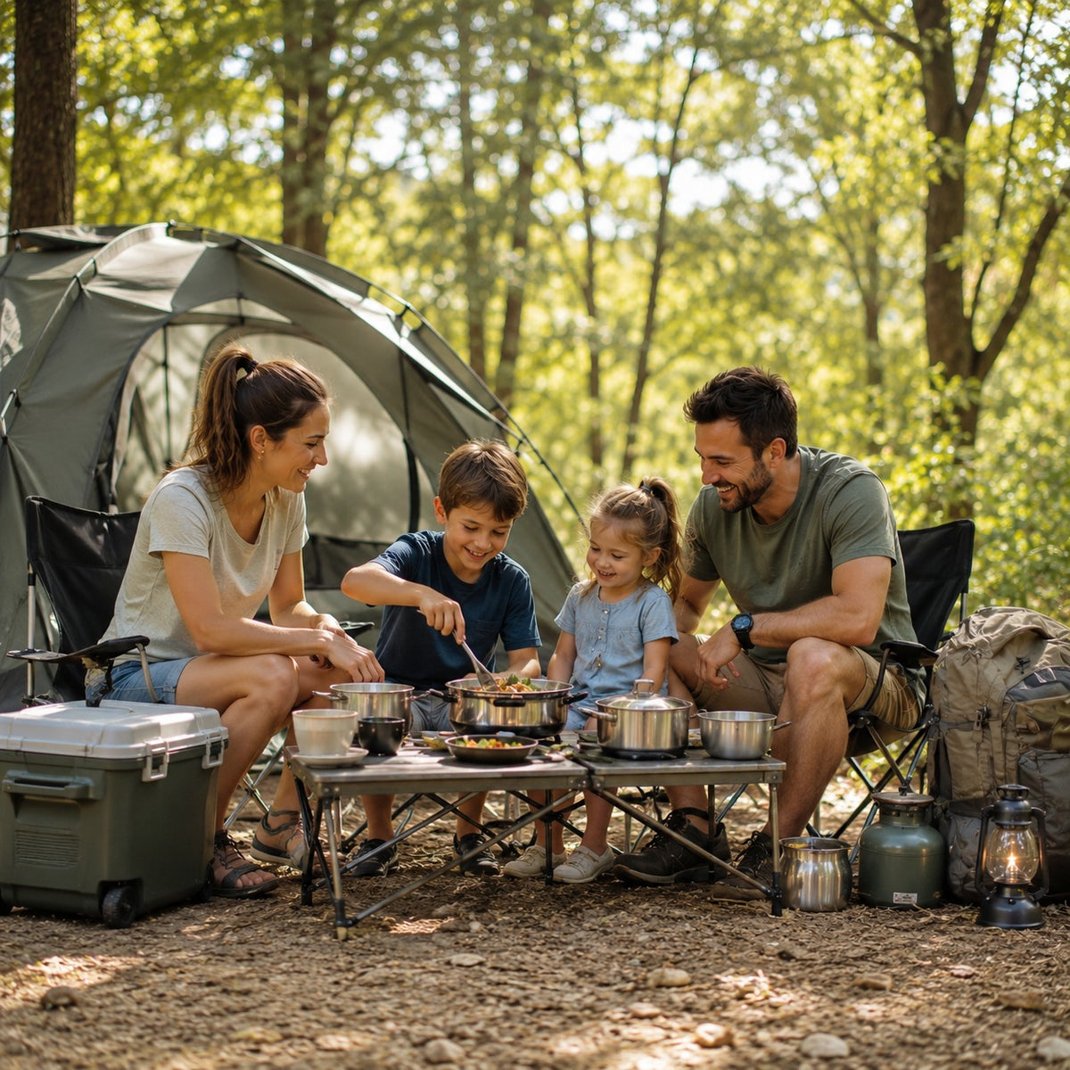 Family of four camping in a forest, cooking outdoors.