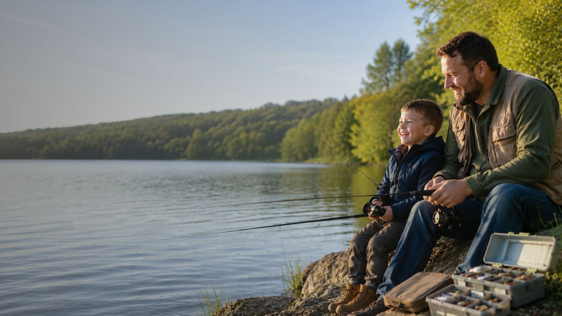 Man and child fishing by a lake with trees in the background