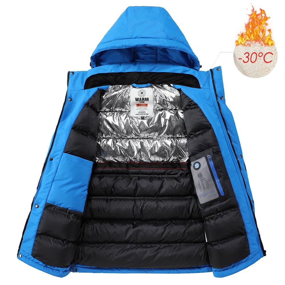 Men Blue Winter Outdoor Ski Jacket Waterproof Warm Hooded Coat