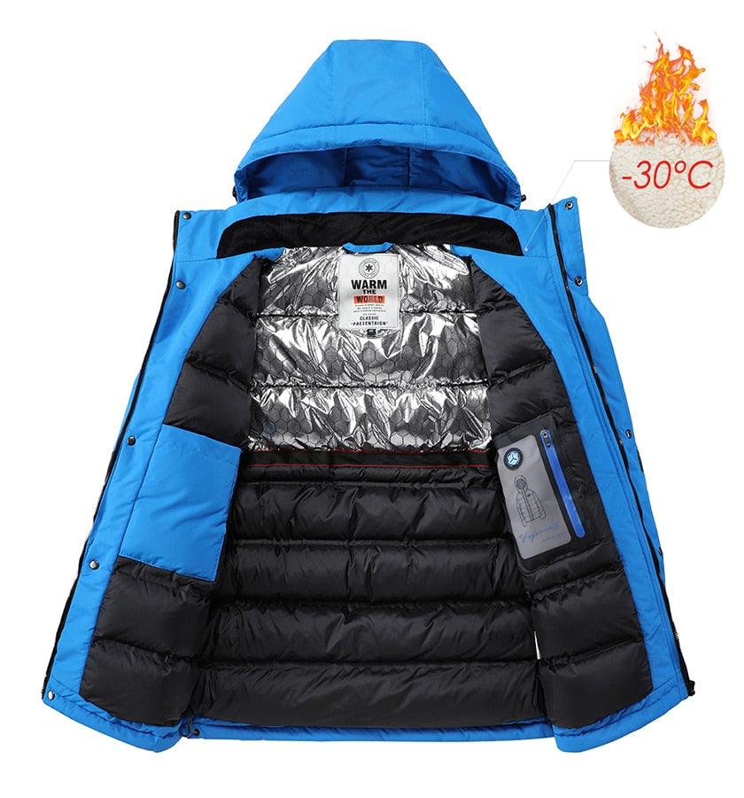 Men Blue Winter Outdoor Ski Jacket Waterproof Warm Hooded Coat