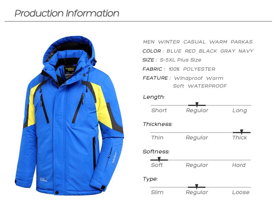 Men Blue Winter Outdoor Ski Jacket Waterproof Warm Hooded Coat