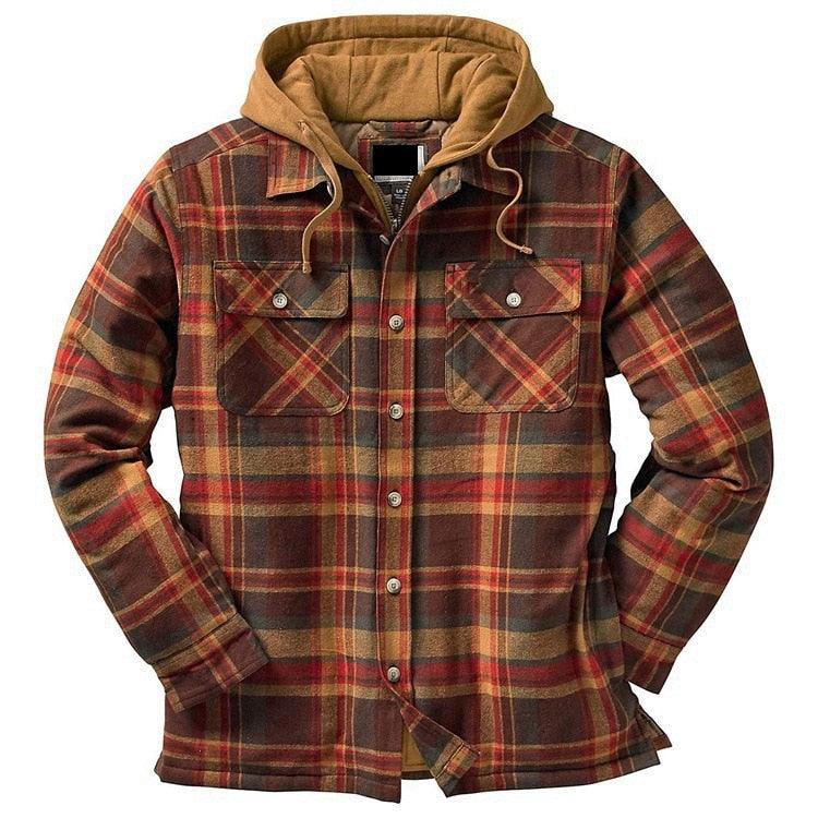 Men’s Plaid Hooded Shirt Jacket Warm Casual Autumn Winter Coat