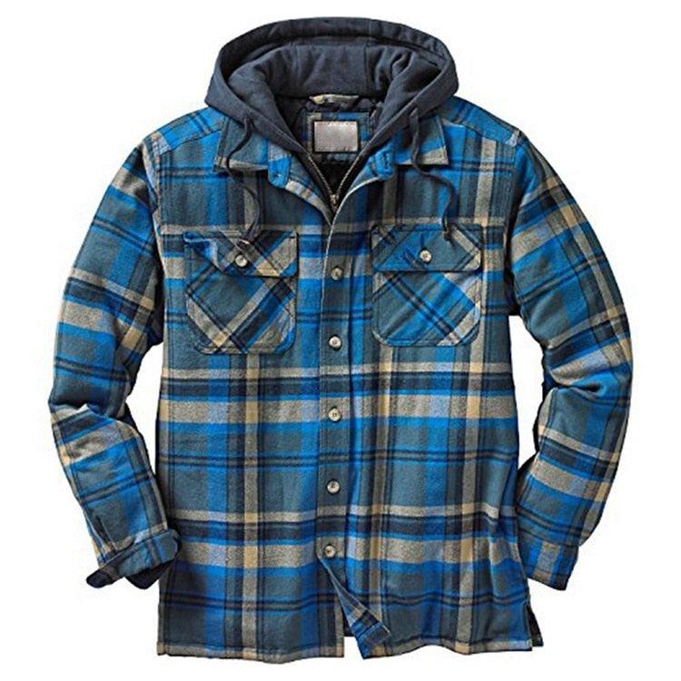 Men’s Plaid Hooded Shirt Jacket Warm Casual Autumn Winter Coat