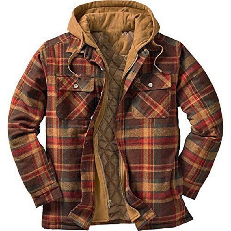 Men’s Plaid Hooded Shirt Jacket Warm Casual Autumn Winter Coat