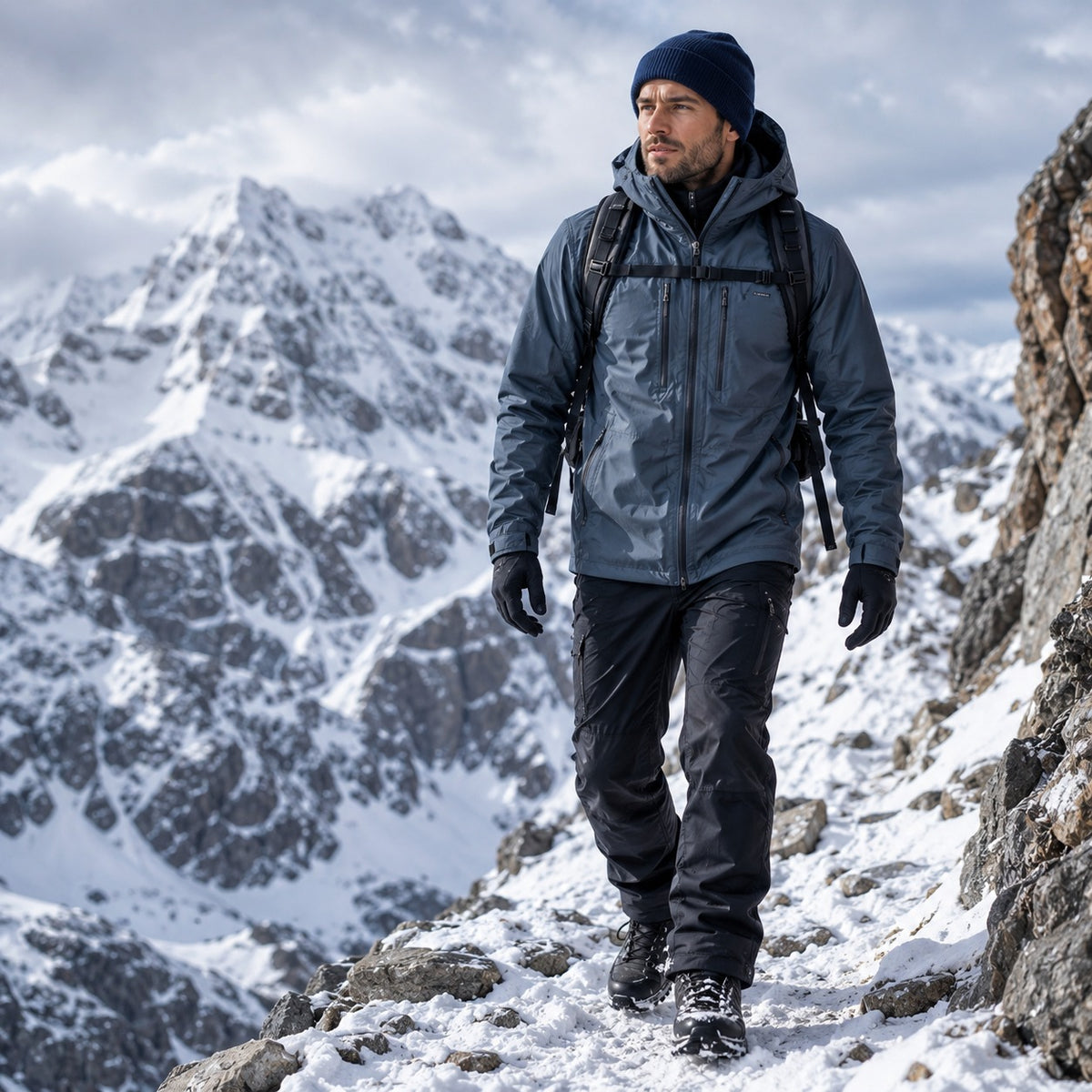 Man hiking on a snowy mountain wearing a blue jacket and black pants.