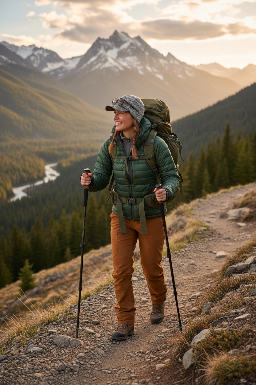 Woman hiking scenic mountain trails carrying outdoor adventure backpack naturally